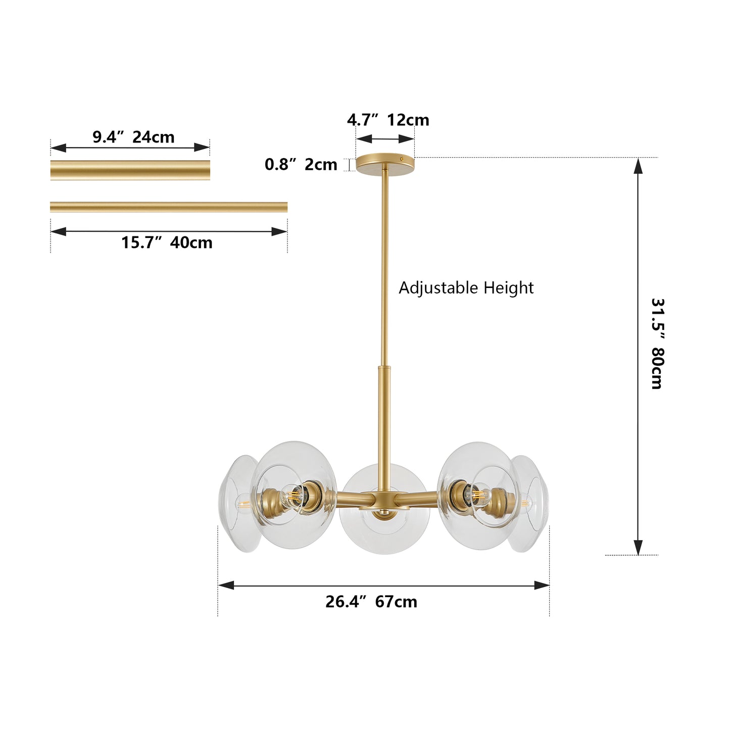 5-Light Sputnik Pendant Chandelier with Clear Glass Shades for Dining and Kitchen, Hard-Wired 120V, Gold