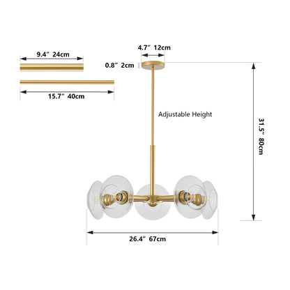 5-Light Sputnik Pendant Chandelier with Clear Glass Shades for Dining and Kitchen, Hard-Wired 120V, Gold