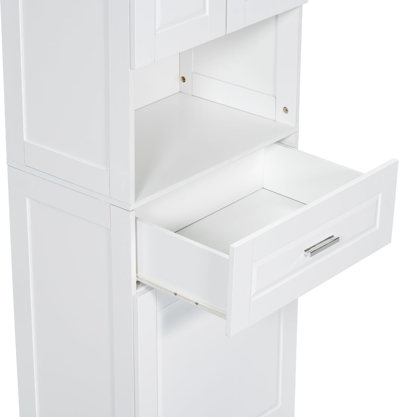 White Tall Storage Cabinet with Tilt-Out Laundry Hamper and Upper Shelves