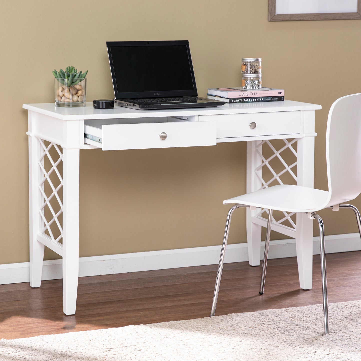Modern White Writing Desk with Lattice Side Panels