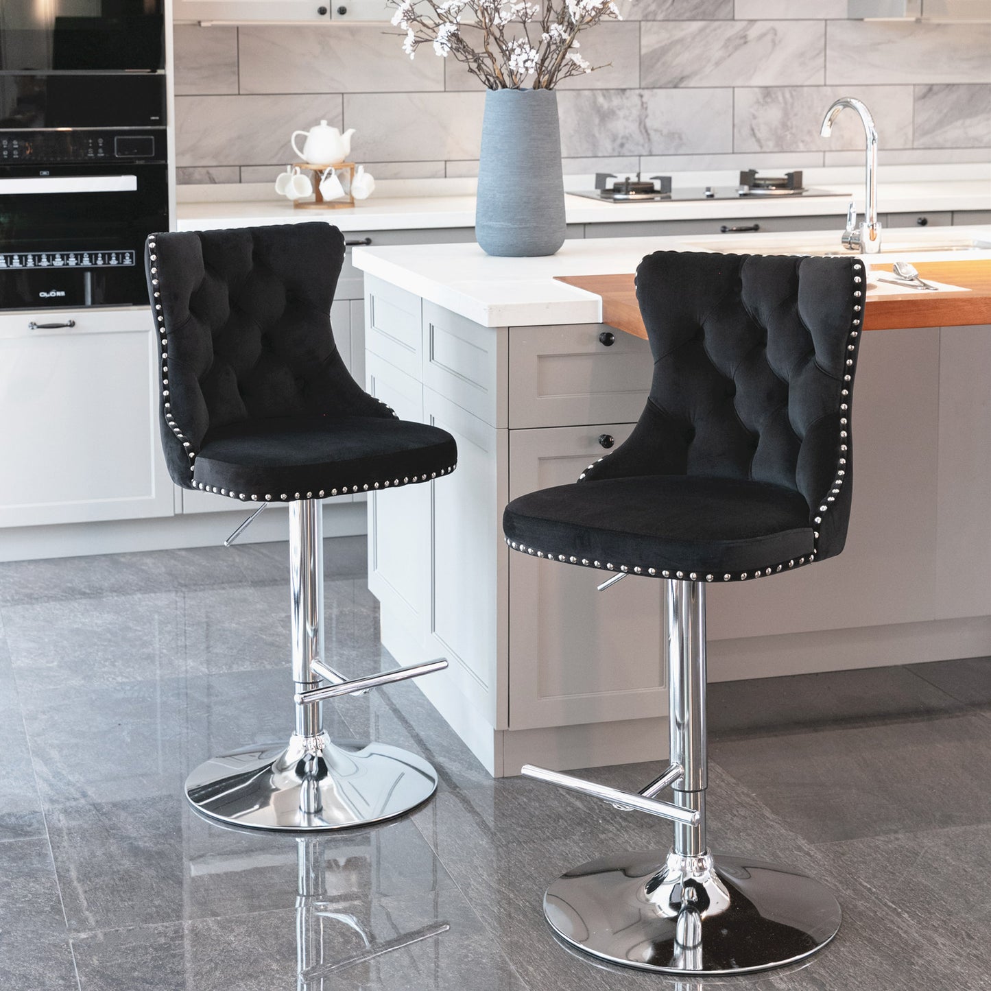 Adjustable Swivel Velvet Bar Stools Set of 2 Black Chrome
