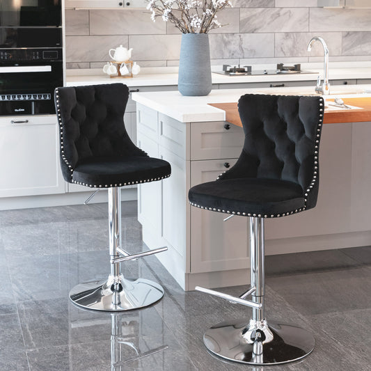 Adjustable Swivel Velvet Bar Stools Set of 2 Black Chrome