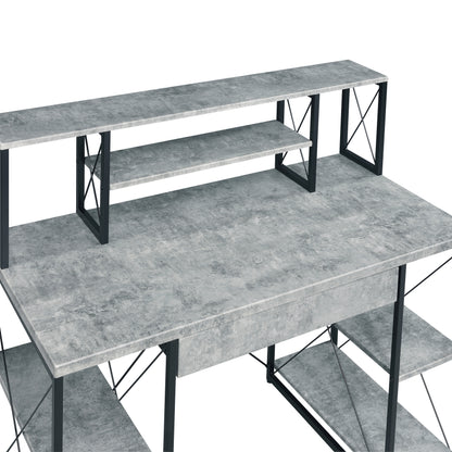 Modern Grey and Black Writing Desk with Open Storage and Hutch