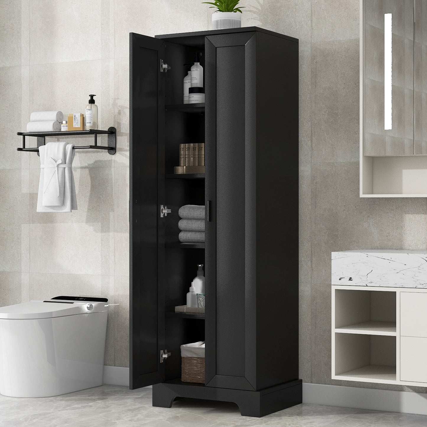 Elegant Black Storage Cabinet with Adjustable Shelves for Bathroom and Office