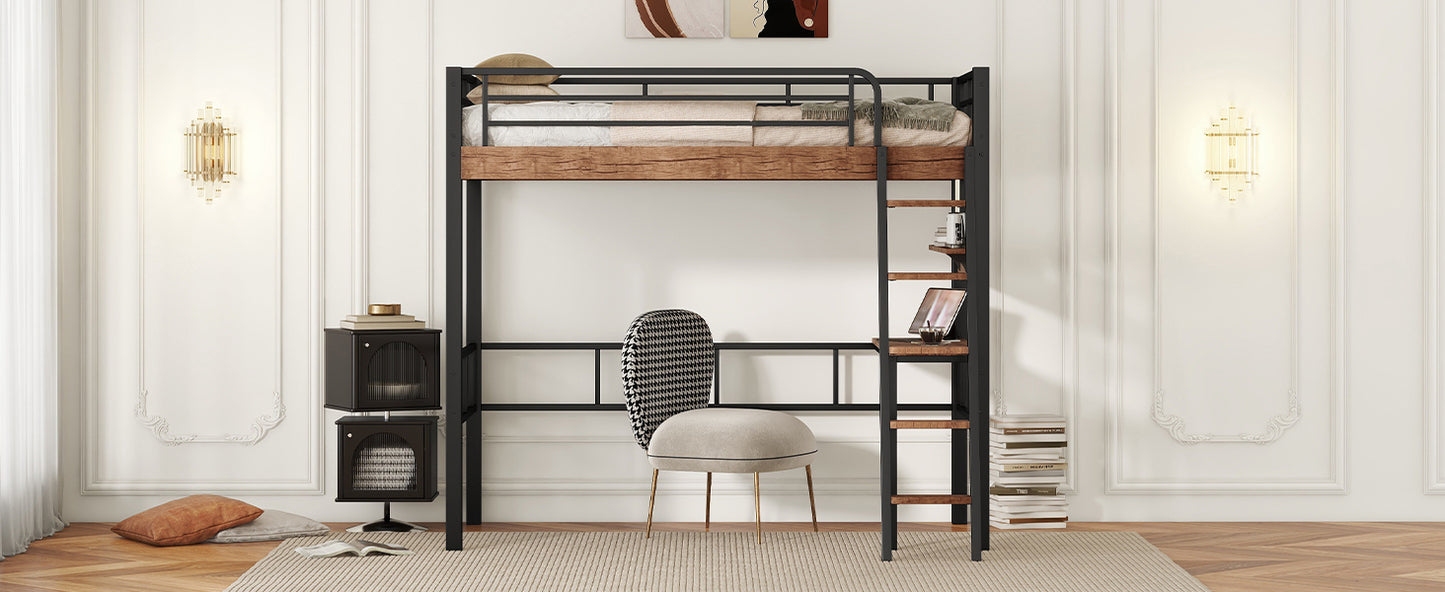 Black Metal Twin Loft Bed with Integrated Desk, Storage Shelf, and Ladder