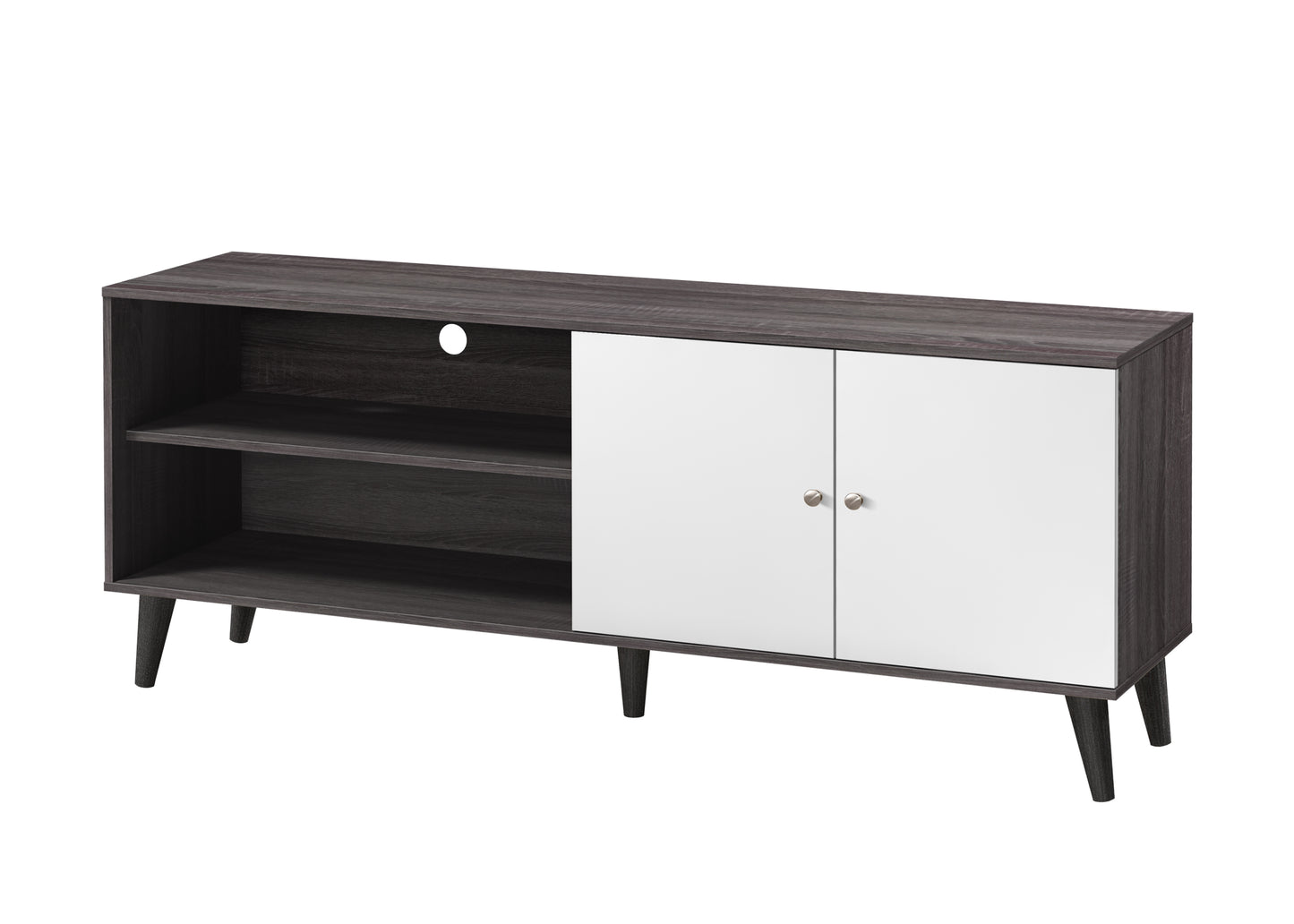 Mid-Century Modern TV Stand for 63-Inch TVs, 2 Shelves + 1 Cabinet, Wood Console Dark Gray/White