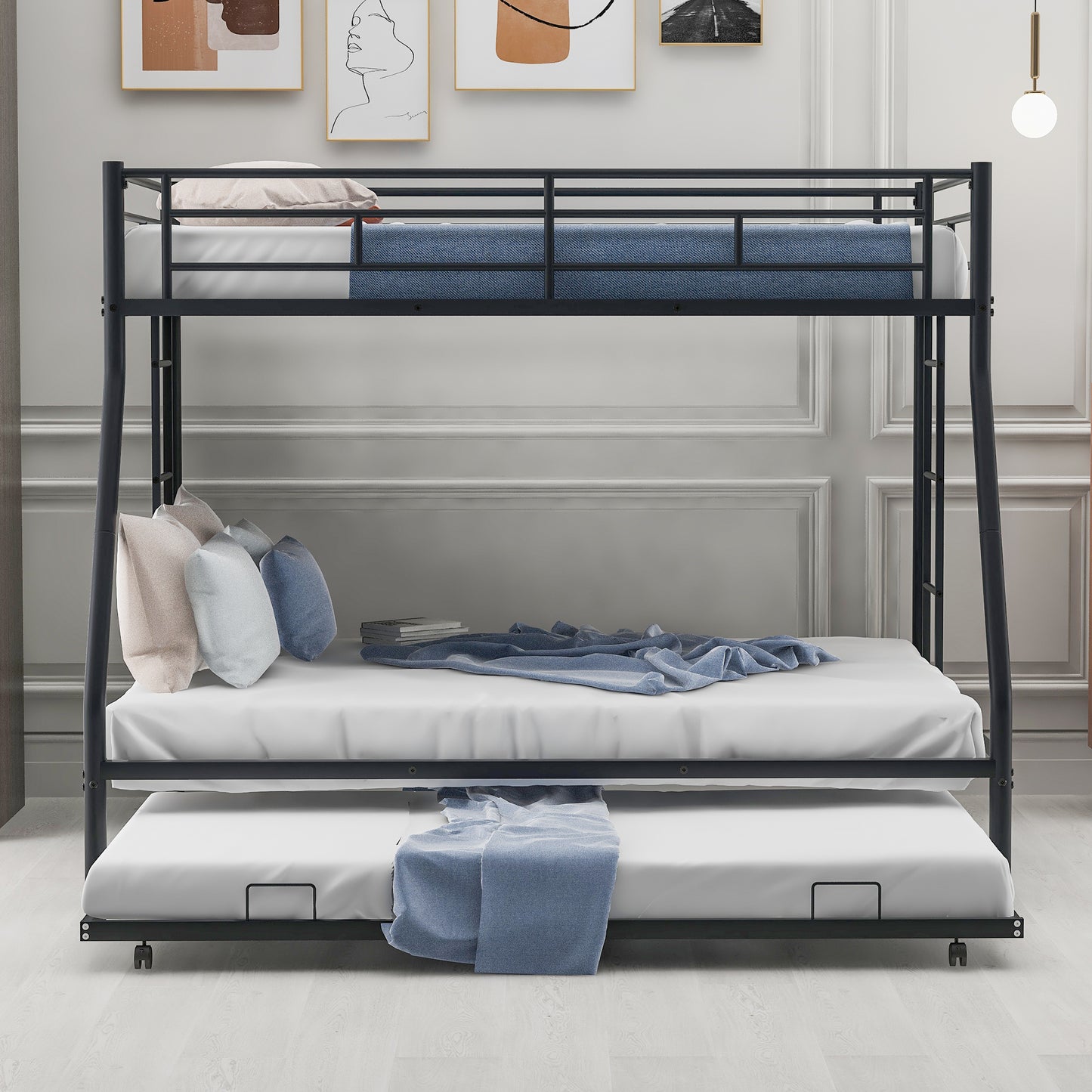 Stylish Twin over Full Bunk Bed with Twin Trundle and Dual Ladders - Sturdy Steel Frame in Black