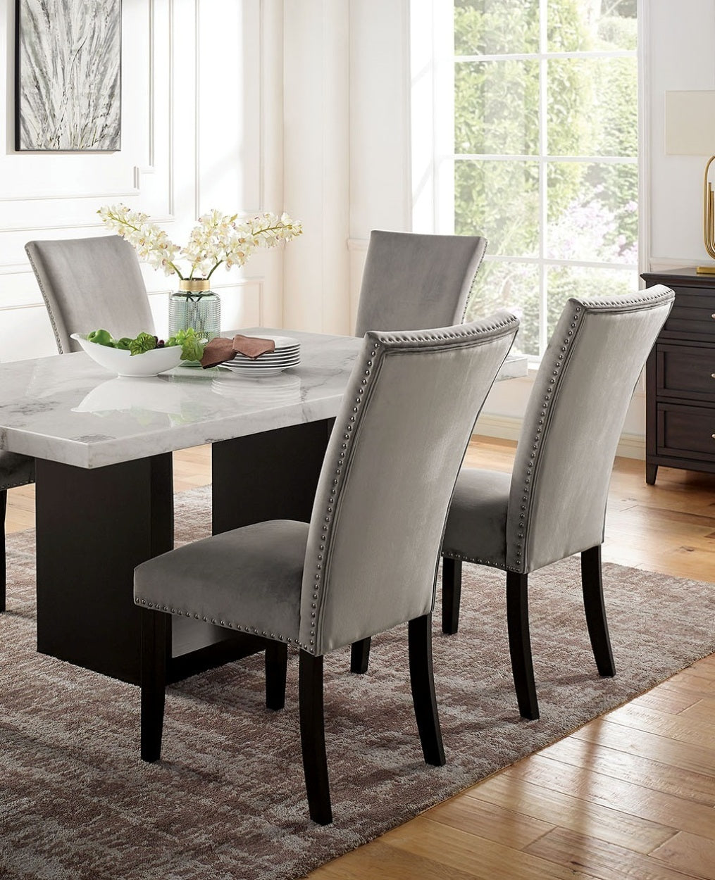 2-Piece Dining Room Chairs, Flannelette Seats with Nailhead Trim, Rubberwood Frame, Transitional, Gray