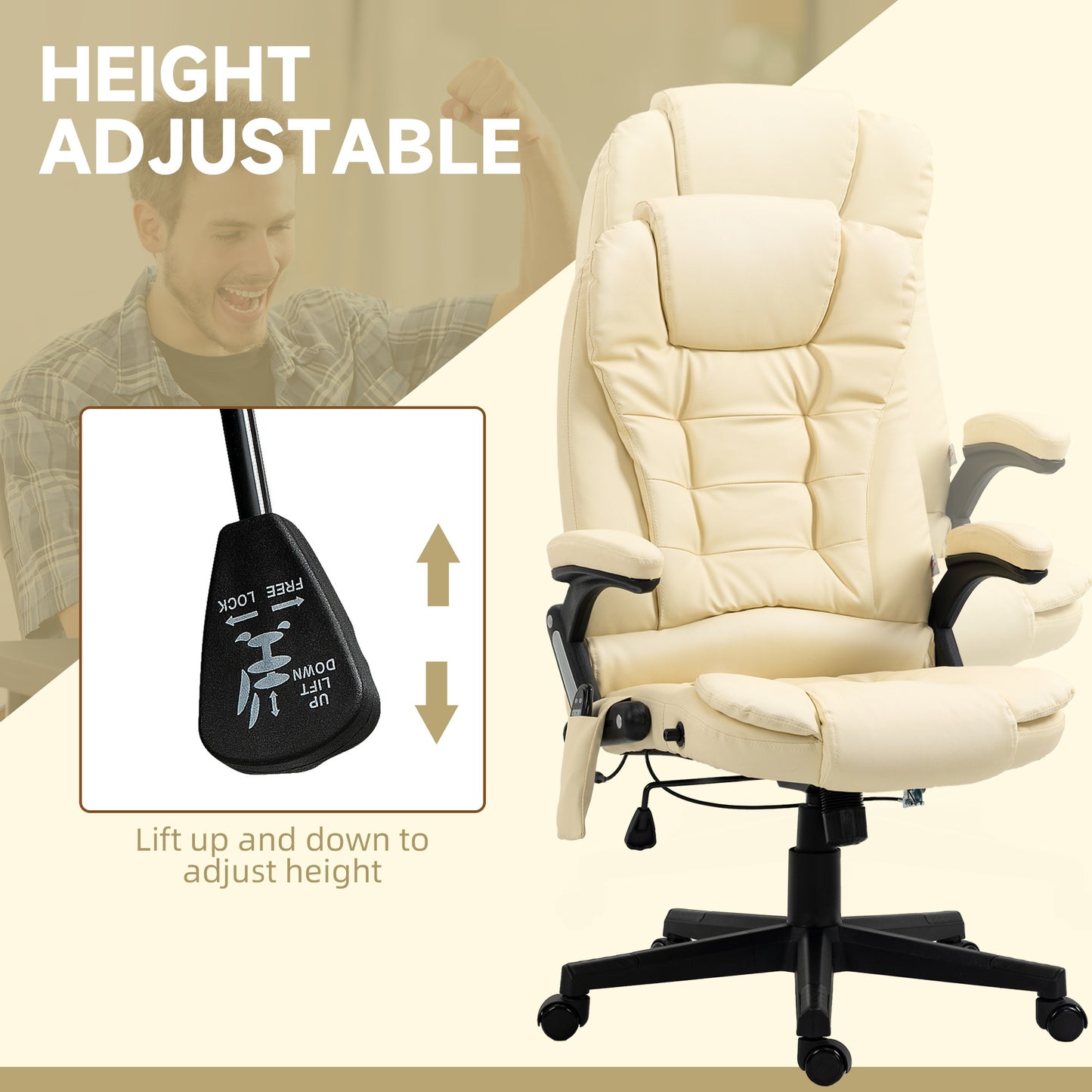 Beige High Back Massaging Office Chair with Heated Recline and Remote Control, 6 Vibration Points