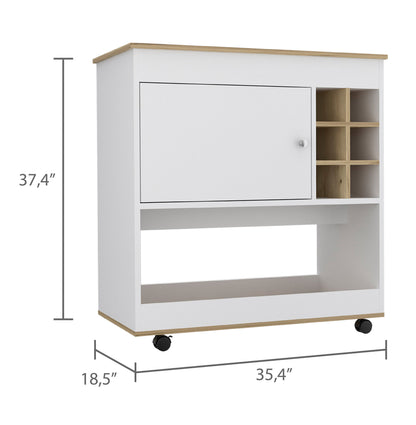 Contemporary Light Oak White Bar Cart Six Bottle Capacity