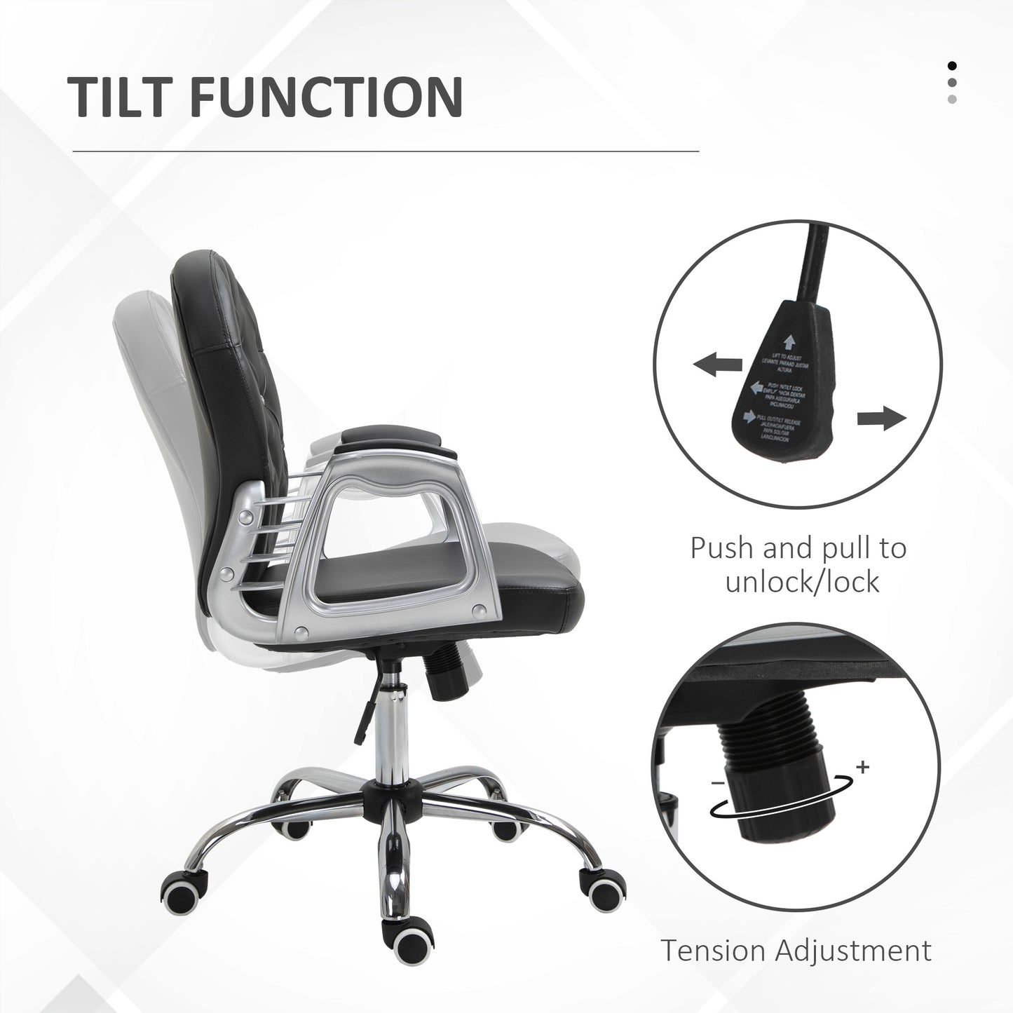 Button-Tufted Adjustable Black PU Leather Desk Chair with Padded Armrests and Swivel Wheels
