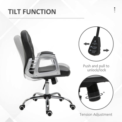 Button-Tufted Adjustable Black PU Leather Desk Chair with Padded Armrests and Swivel Wheels