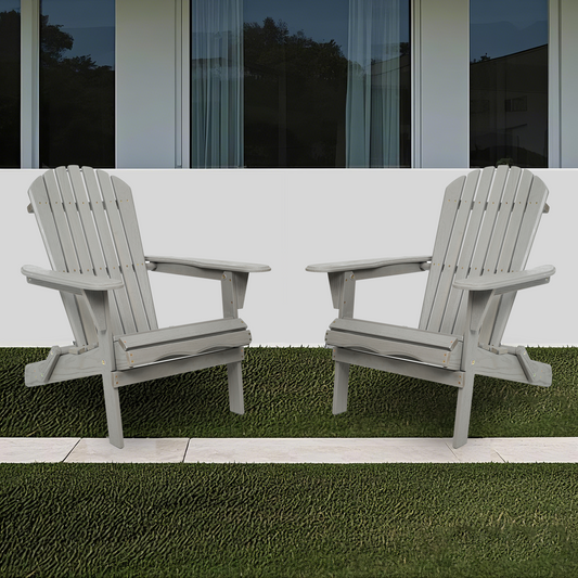 Set Of 2 Embossed Adirondack Patio Chairs Folding Cedar Wood Lounge For Outdoor Garden Wood Grain Finish Gray