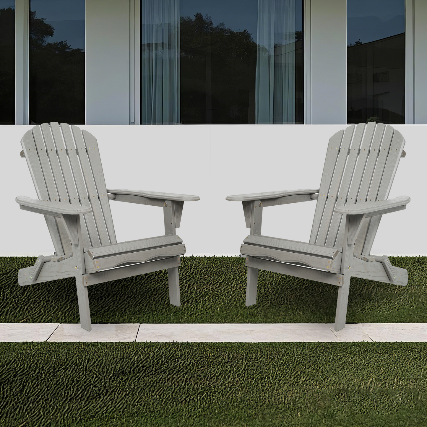 Set Of 2 Solid Cedar Wood Folding Adirondack Patio Chairs For Outdoor Garden Lounge Embossed Gray