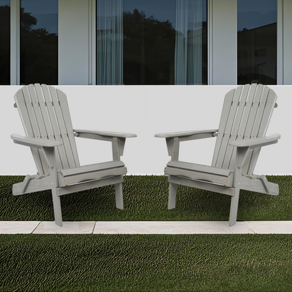 Set Of 2 Solid Cedar Wood Folding Adirondack Patio Chairs For Outdoor Garden Lounge Embossed Gray