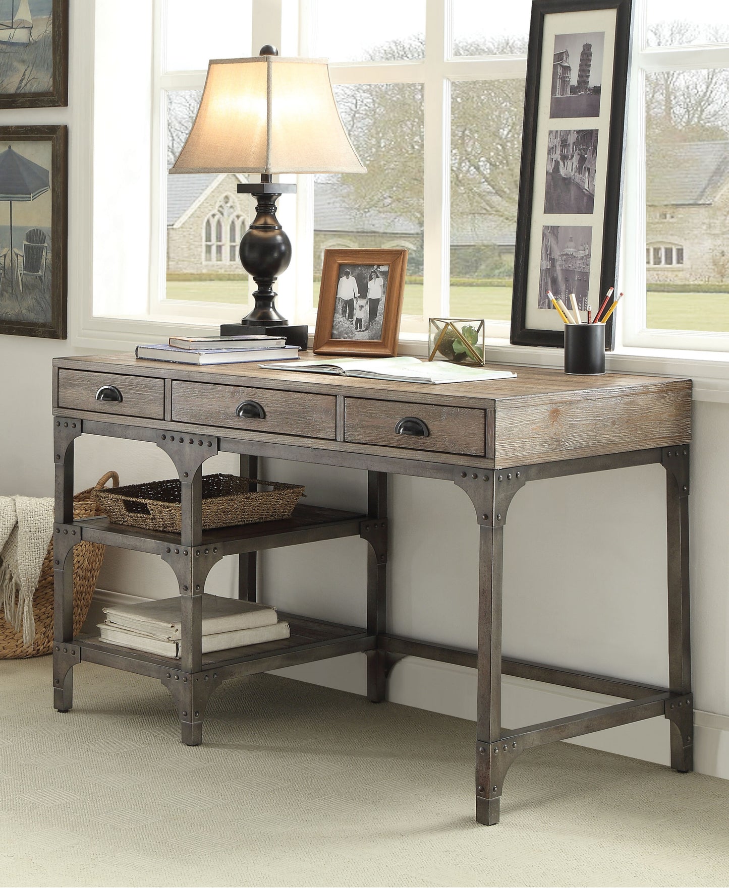 Industrial-Style 3-Drawer Writing Desk in Weathered Oak and Antique Silver