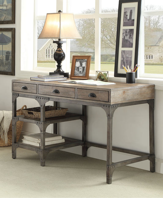 Industrial-Style 3-Drawer Writing Desk in Weathered Oak and Antique Silver