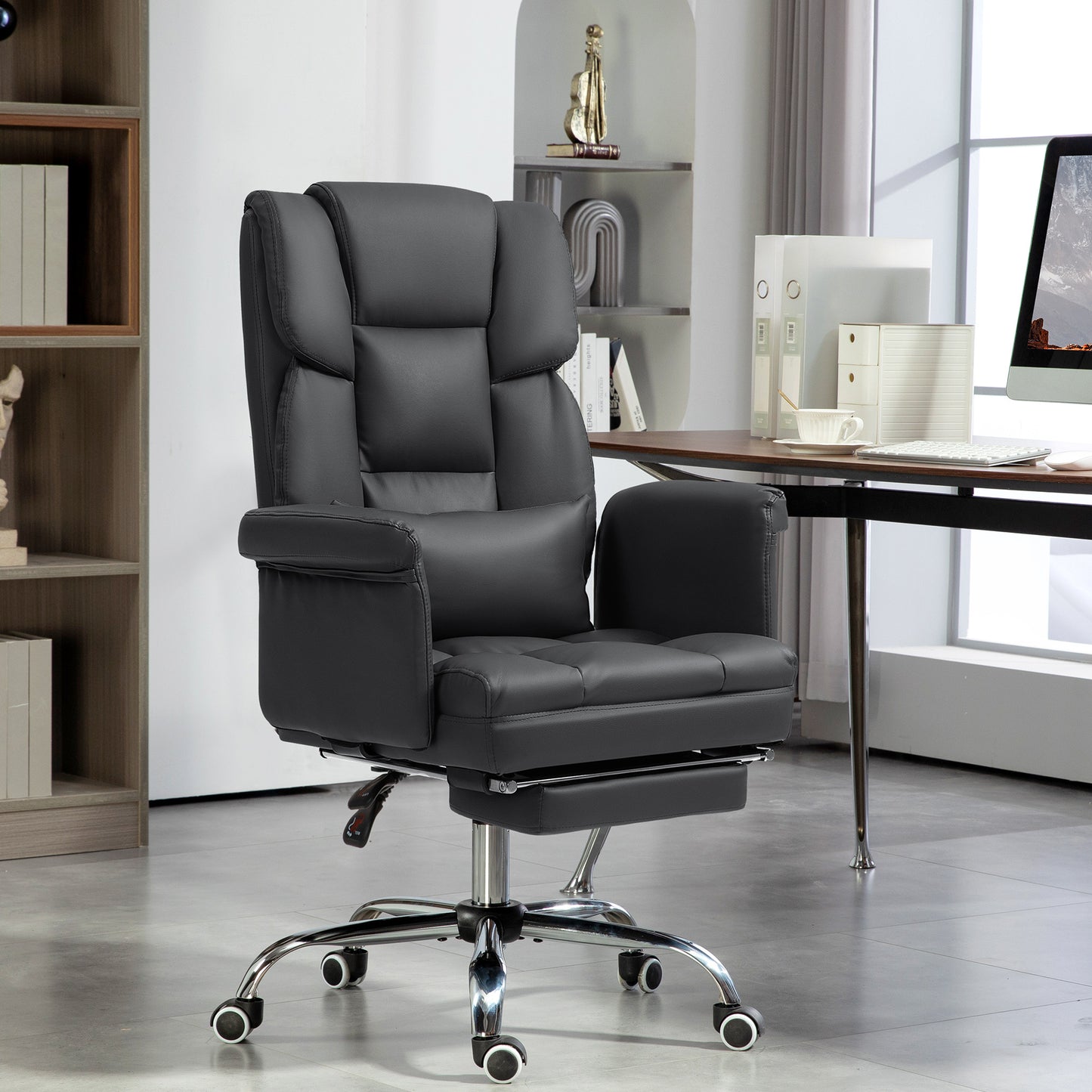 Black Ergonomic PU Leather Executive Office Chair with Recline, Swivel, Footrest, and Lumbar Support