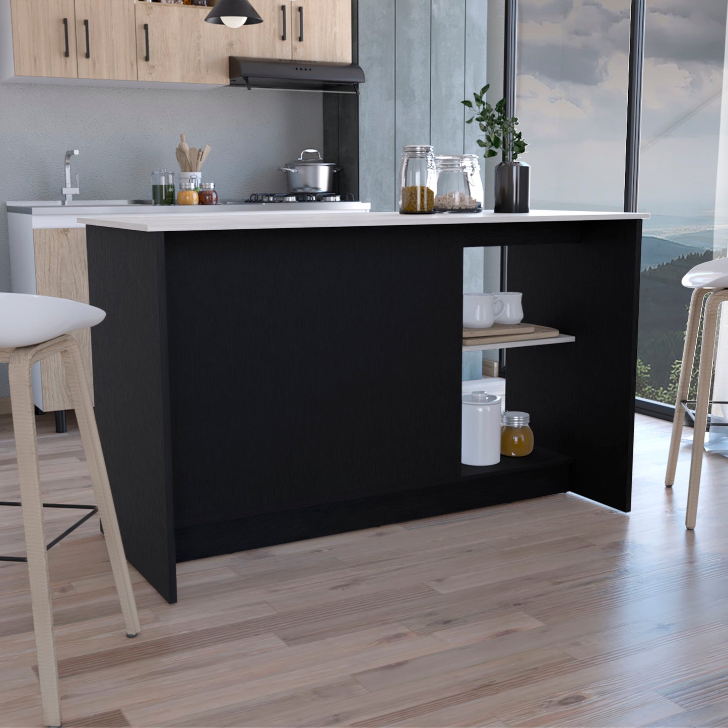 Modern Black Kitchen Island with Spacious Marble Top, Double Door Storage, and Open Shelving