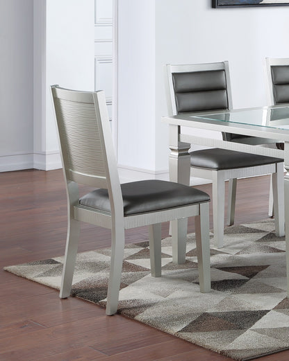 Set of 2 Faux Leather Dining Chairs, Cushioned Seats, Tufted Back, Rubberwood Frame, 18x23x39 in Silver