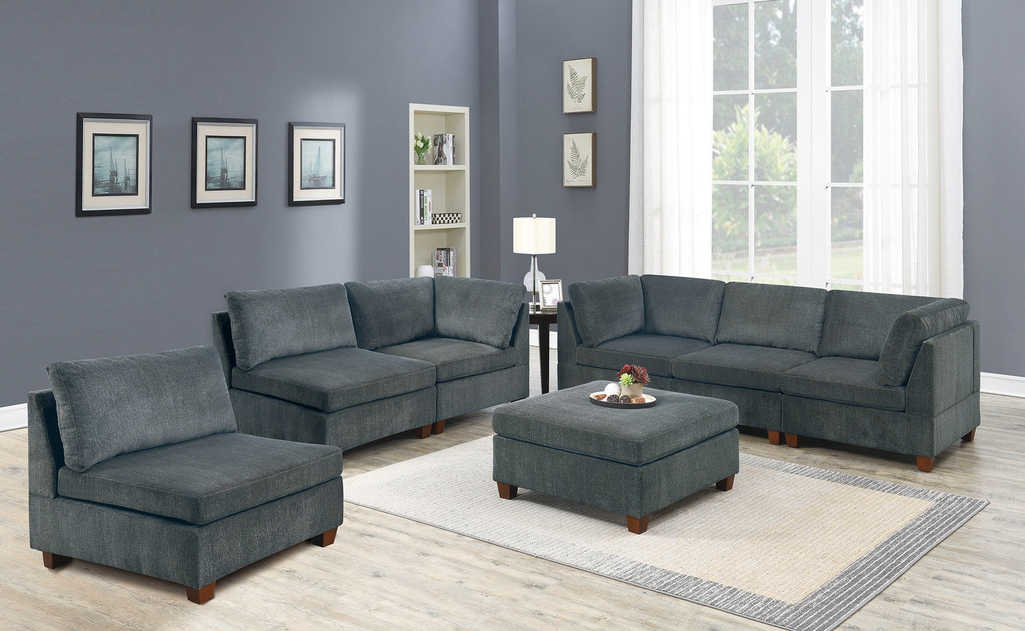 7-Piece Modular Sectional Sofa Set Chenille Upholstery 3 Corner Wedges 3 Armless Chairs 1 Ottoman Gray