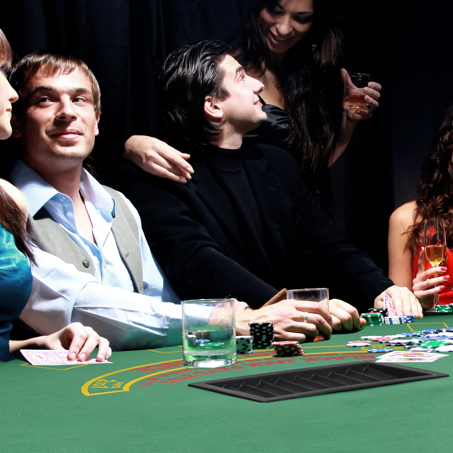 72-Inch Poker Table for 7 Players with Chip Tray and 7 Cup Holders, Blackjack Layout, MDF/Steel Green