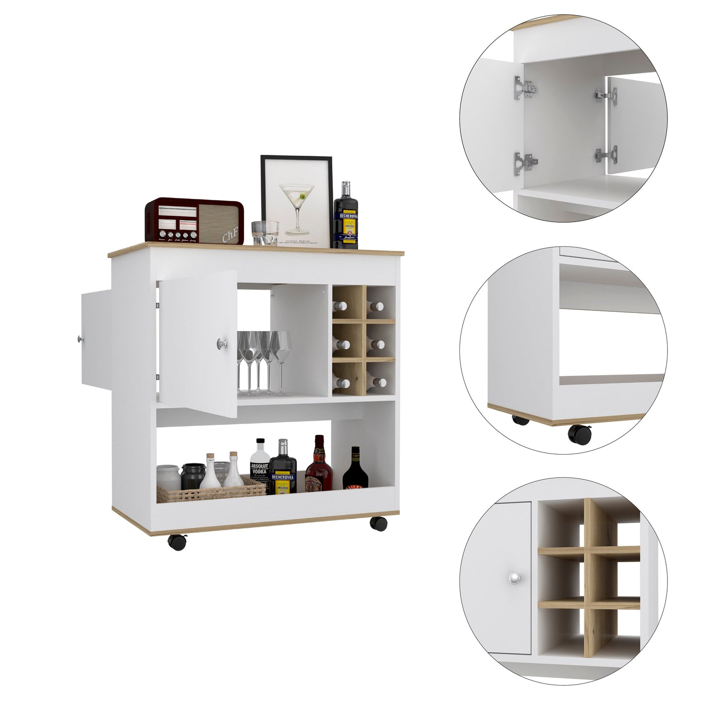 Contemporary Light Oak White Bar Cart Six Bottle Capacity