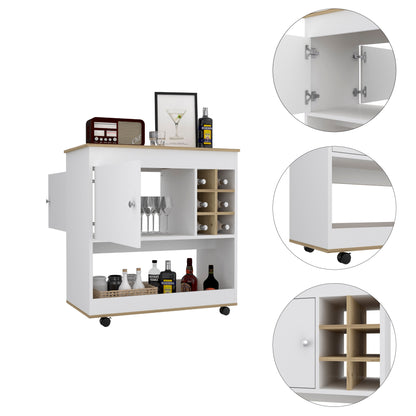 Contemporary Light Oak White Bar Cart Six Bottle Capacity