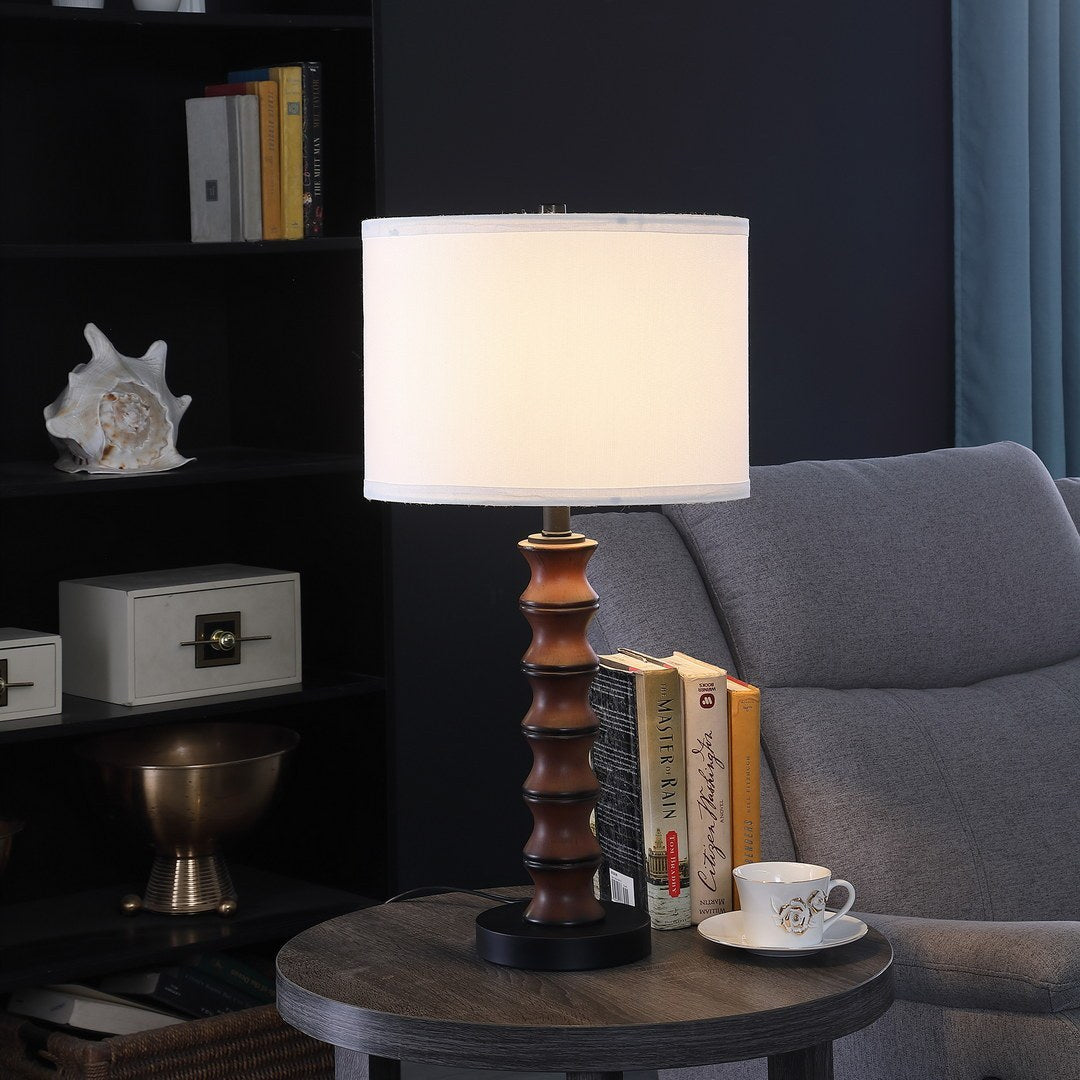 27.5-Inch Modern Coastal Table Lamp with Polyresin Body, Black Metal Base, White Drum Shade, Dark Cherry