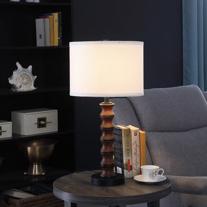 27.5-Inch Modern Coastal Table Lamp with Polyresin Body, Black Metal Base, White Drum Shade, Dark Cherry