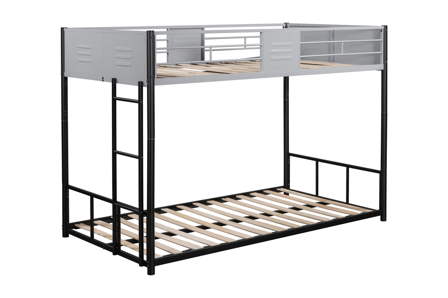 Sturdy Metal Twin Over Twin Bunk Bed with Safety Guardrail and Noise-Reduced Design