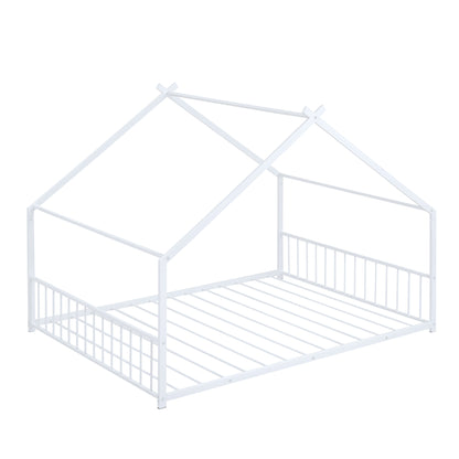 Whimsical White Full Size Metal House Bed for Kids
