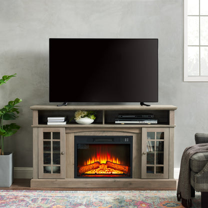 Entertainment Center with Fireplace Insert for 65-Inch TV, Storage, Cable Management, Shelves, Gray Wash