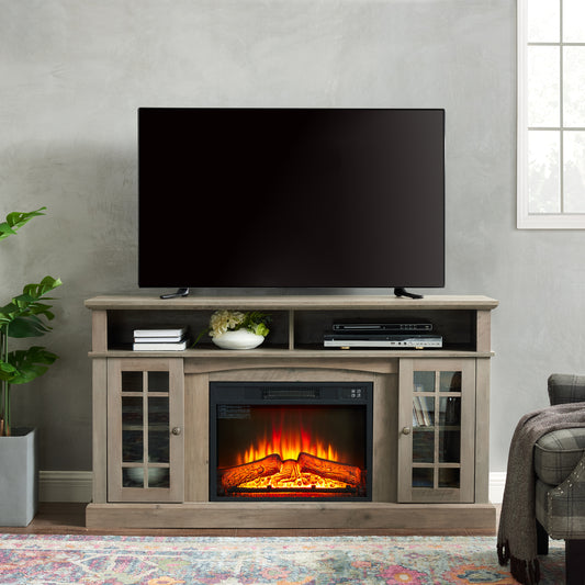 Entertainment Center with Fireplace Insert for 65-Inch TV, Storage, Cable Management, Shelves, Gray Wash
