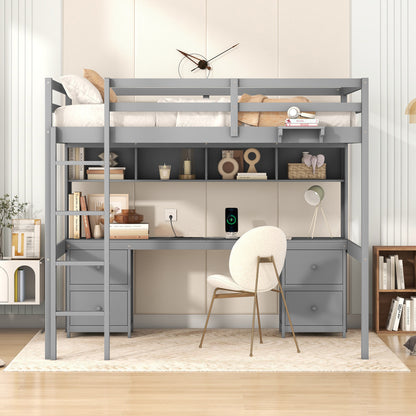 Gray Full Size Loft Bed with Integrated Desk, Storage Solutions, and Charging Station