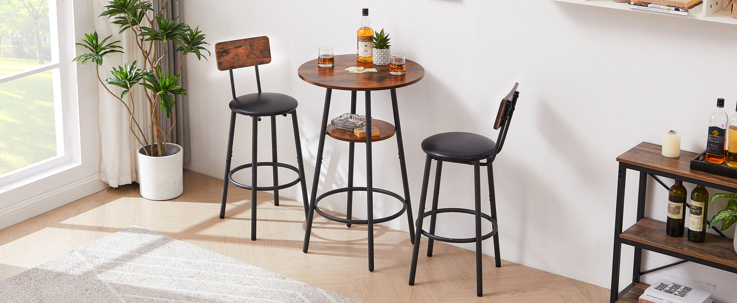 Round Bar Stool Set with Built-In Shelf, Upholstered Seat and Backrest for Kitchen Bar, Rustic Brown