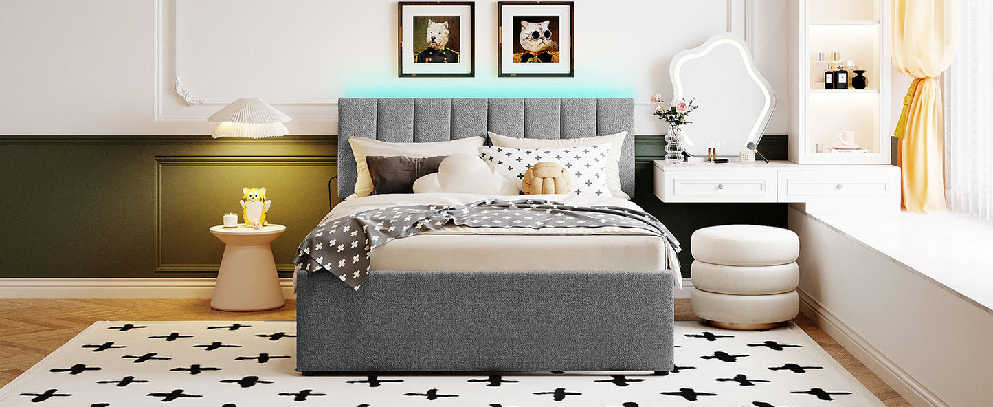 Luxurious Gray Upholstered Full Size Platform Bed with Twin Trundle and LED Lights