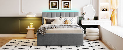 Luxurious Gray Upholstered Full Size Platform Bed with Twin Trundle and LED Lights