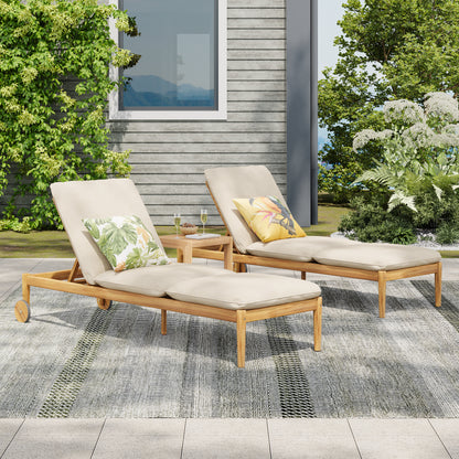 Outdoor Chaise Lounge Set Of 2 With Wheels Acacia Wood Frame Cushions Included 80.75in Length Light Teak Finish Beige