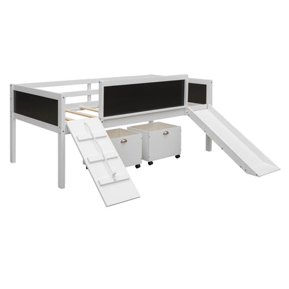 Creative Twin Loft Bed with Climbing Frame and Chalkboard - White
