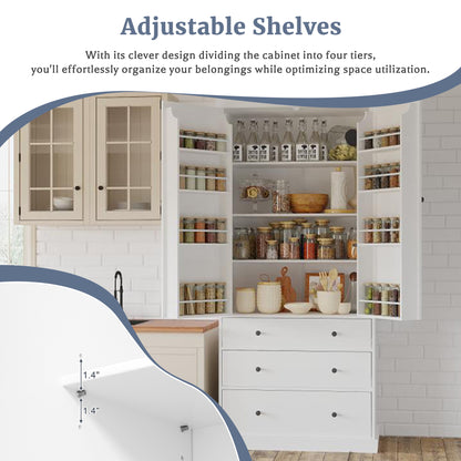 Tall White Farmhouse Kitchen Pantry - 77" Freestanding Storage Cabinet with Adjustable Shelves, Door Shelves, and Drawers