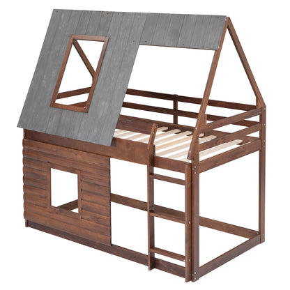 Charming Oak & Smoky Grey Twin Size House Bunk Bed with Roof, Ladder, and Two Windows