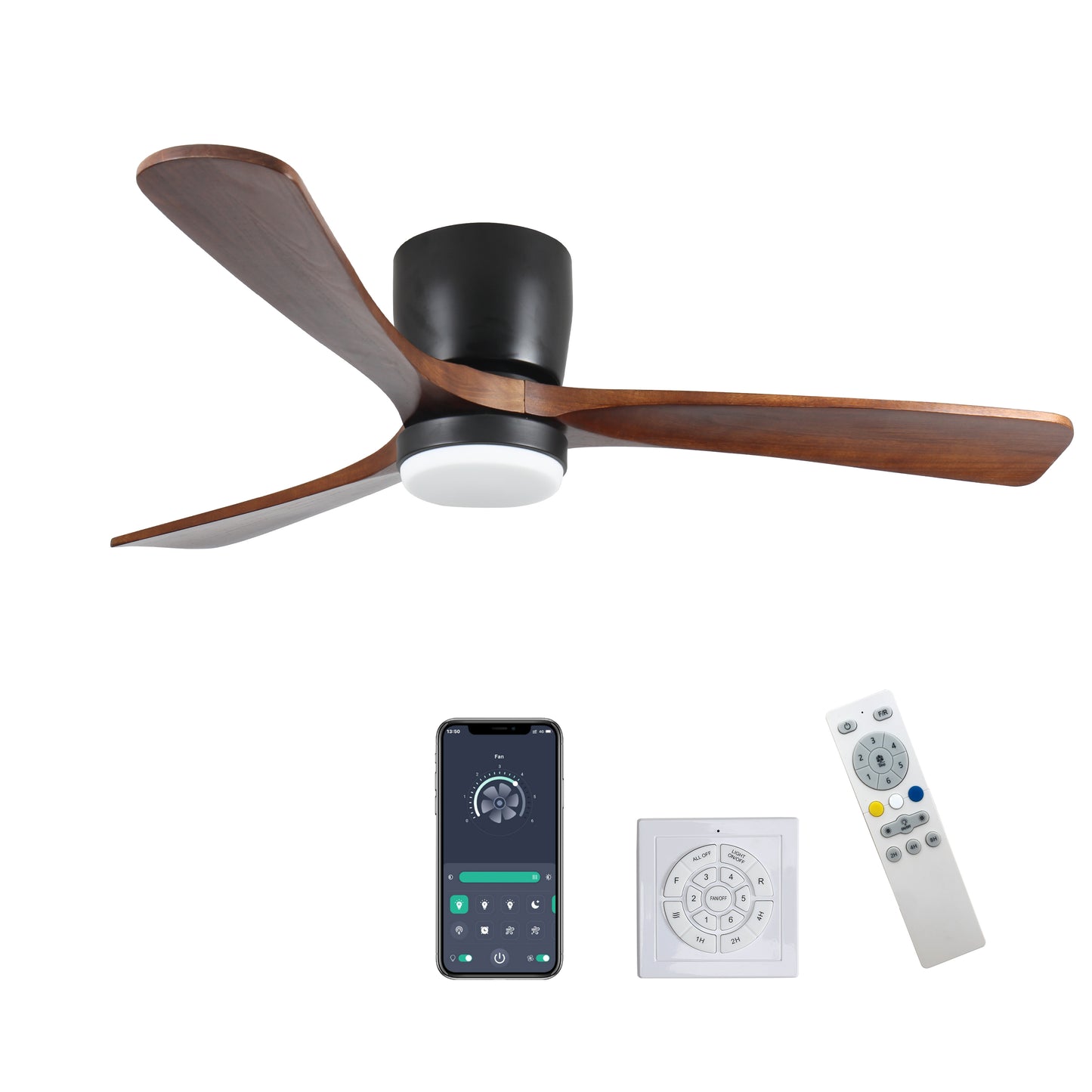 42-Inch Flush Mount Wood Ceiling Fan with Light and Remote 6-Speed DC Reversible Motor Low-Profile Black