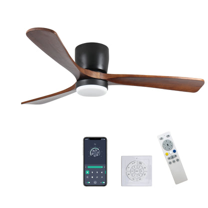 42-Inch Flush Mount Wood Ceiling Fan with Light and Remote 6-Speed DC Reversible Motor Low-Profile Black