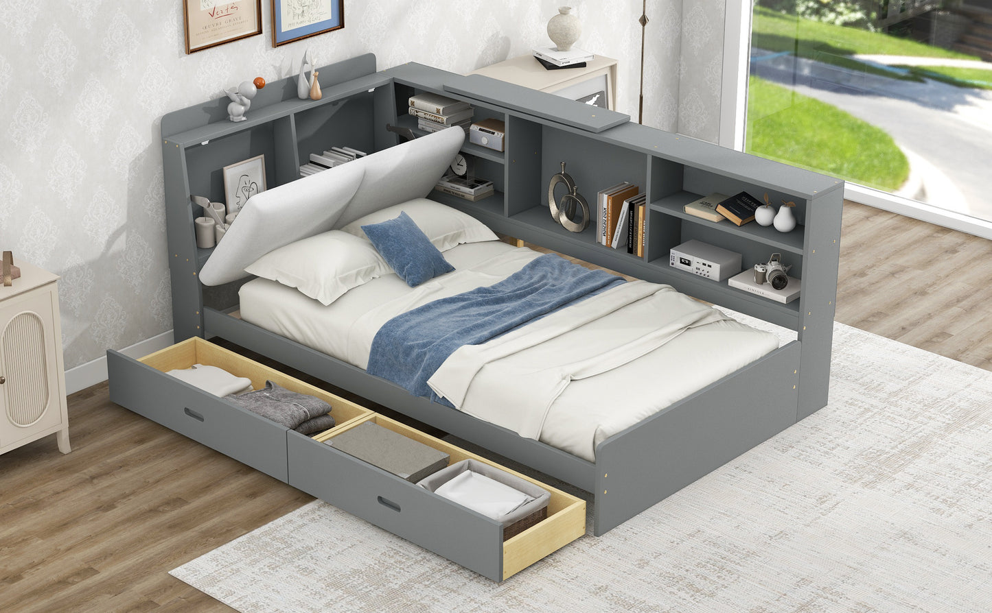 Gray Wood Twin Platform Bed with Storage Headboard, Shelves, and Dual Drawers