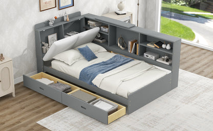 Gray Wood Twin Platform Bed with Storage Headboard, Shelves, and Dual Drawers