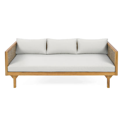 Three-Seater Daybed With Rattan Arms And Acacia Wood Frame For Living Room Or Sunroom, Fabric Cushion Teak