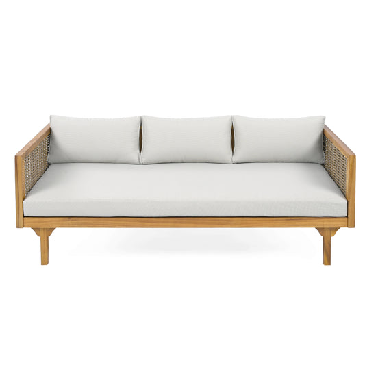 Three-Seater Daybed With Rattan Arms And Acacia Wood Frame For Living Room Or Sunroom, Fabric Cushion Teak