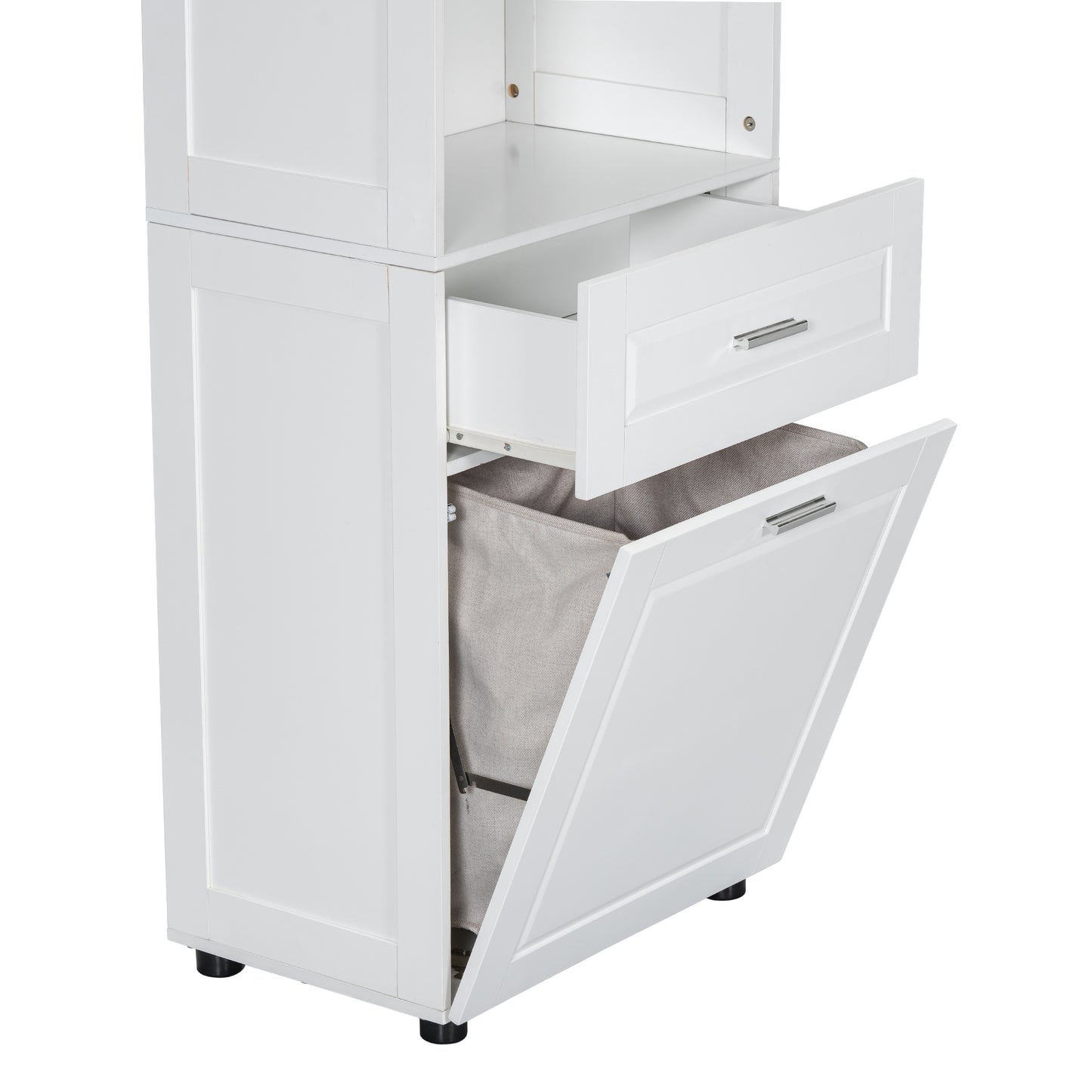 White Tall Storage Cabinet with Tilt-Out Laundry Hamper and Upper Shelves