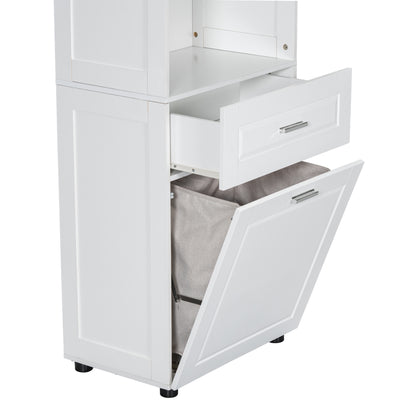 White Tall Storage Cabinet with Tilt-Out Laundry Hamper and Upper Shelves